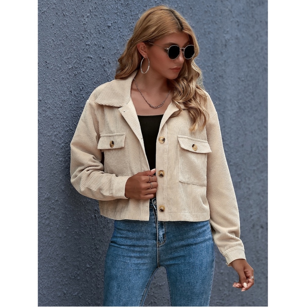 Beige Corduroy Crop Style Button Front Jacket - Picture 6 of 8